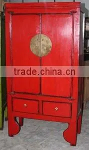 Chinese Antique Red Wooden Two Door Two Drawer Wedding Cabinet thumbnail-1