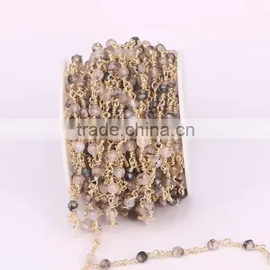 Natural Grey Agate Faceted Round Bead Chain, Gold Wire Wrapped Rosary Chain Necklace Jewelry Findings thumbnail-2