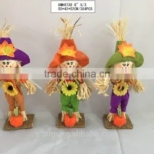 Straw and Fabric Scarecrow With Pumpkin for Halloween Decoration thumbnail-4