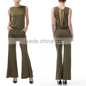 Jumpsuit Fashion New Design Super Soft Summer Full Length Trouser Wide Leg Olive Open Back Romper Jumpsuit Women 2017 Sleeveless thumbnail-1
