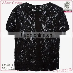 Ladies Formal/office Wear Elegant Transparent Short Sleeve Sexy Black Lace Blouse thumbnail-1