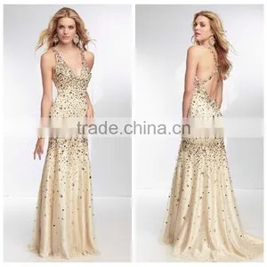 Sexy Halter Handmade Crystal Beaded Sheath Nude Evening Dress thumbnail-1