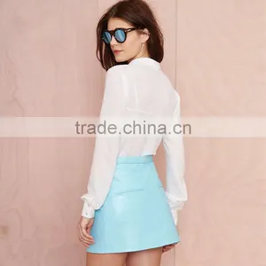 MGOO New Arrival 2016 OEM Custom Light Blue PU Skirts Women Faux Leather Short Straight Skirts 15144A373 thumbnail-3