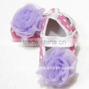 Baby Pink White Polka Dots Crib Shoes With Light Purple Rosettes thumbnail-1