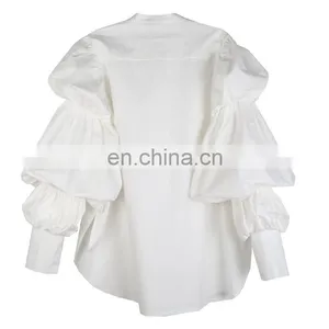 Fashion Puff Sleeve Shirts Women Blouse Buttons Casual Loose Solid Party Tops Long Sleeve Work Blusas Femininas Plus Size thumbnail-5