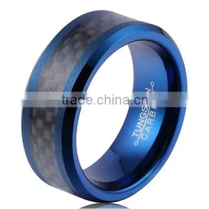 Men's Tungsten Carbide Rings Wedding Band Blue Plated Black Carbon Fiber Inlay and Beveled Edges thumbnail-1