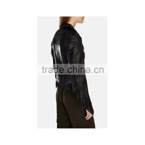 Lady's Genuine Sheepskin Leather Fringe Jacket, Black thumbnail-5