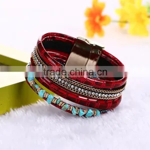 New Fashion Jewelry Woman Magnetic Clasp Leather Crystal Stones Bracelet thumbnail-2