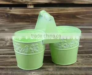 Green Painted Oriental Rustic Style Carved Garden Decorative Antique Buckets/Small Decorative Flower Pots/Tin Flower Container thumbnail-1