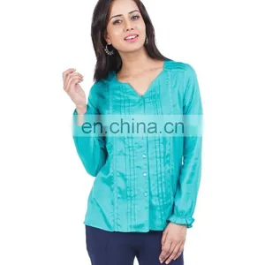 Green Top With Pin Tuck Detailing for Ledies Printed Three Quarter Sleeve Blouse in Chiffon With Lace Collar See Larger Image thumbnail-1