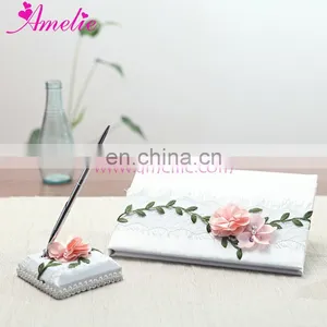 Pink Flower With Leaf Wedding Guest Book and Pen Holder Set Party Ceremony Accessories Signature Book Wedding Party Favors thumbnail-1