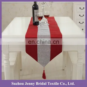 TR064A Wholesale Silver Diamante Studden Red Plaid Polyester Fabric Thick Satin Table Runner thumbnail-1