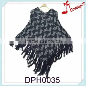 Cheap Wholesale Women New Fashion Leaf Crochet Knit Acryclic Poncho Sweater With Tassels thumbnail-1