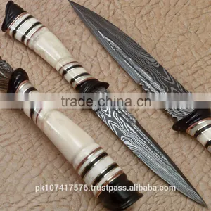 Damascus Blade Hunting Knife With Camel Bone Handle and Buffalo Horn Rings thumbnail-1