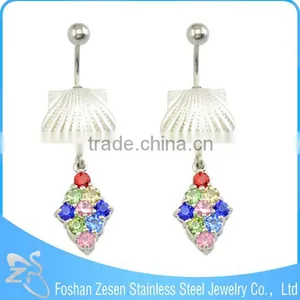 BR01820 Medical Steel Fake Shell Dangle Multi-colour Gems Flat Navel Belly Rings thumbnail-2