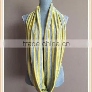 Infinity Scarf With Hidden Pocket - Reversible Heather Grey and Yellow Stripes thumbnail-3