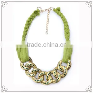 Green Color Ribbon Collar Necklace With Crystal Chain thumbnail-1