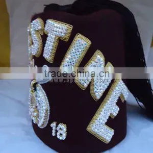 Bullion Fez | Rhinestones Embroidery Fez Hat | Hand Embroidery Bullion Wire Fez in Burgundy Color 3 Row thumbnail-2