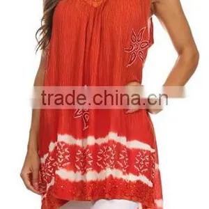 Sequin Embroidered Batik Relaxed Fit Sleeveless V-Neck Top - Burnt Orange - OS thumbnail-4