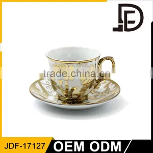 Wholesale Gold Electro Plating Custom Printed Durable Porcelain Tea Cup and Saucer thumbnail-2
