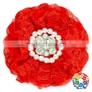 Red Chiffon Blossom Fabric Crystal Pearl Center Flowers thumbnail-1