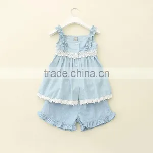2016 Latest Girls Frock Suits Lace Flower Braces Frocks and Denim Shorts 2 Pieces Sets thumbnail-1