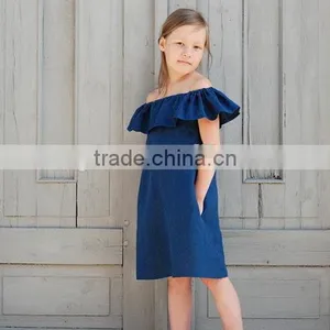 Wholesale Kid Clothing Elegant Summer Girls Dress Off Shoulder Ruffle Dusty Pink Linen Girl Child Dress thumbnail-2