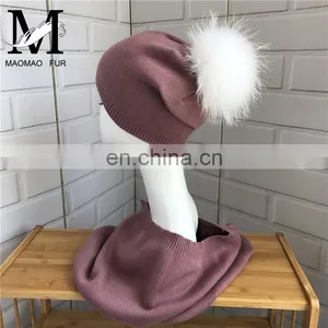 Women Cashmere Knitted Collar Raccoon Fur Pompom Hat Wholesale Hat and Scarf Sets thumbnail-2
