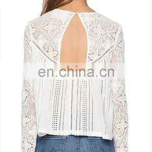 Fashion Modeling Long Sleeve Hollow-out White Lace Blouse, Wholesale Bohemian Clothing Burnout Floral Lace Blouse for Women thumbnail-3