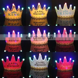 MCH-2318 New Wholesale Party Decoration Led Flashing Happy Birthday King Princess Tiara Crown Headband Hat for Kids thumbnail-1