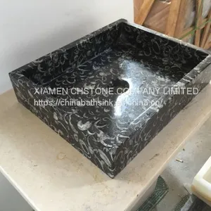 Black Sea Shell Marble Bathroom Vessel Rectangular Sink Black Marble Wash Basin thumbnail-1