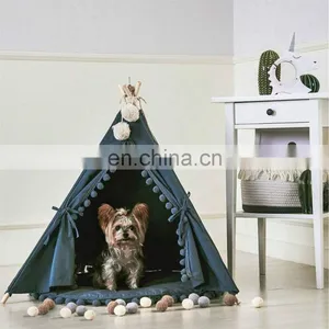 Pet Teepee House Indian Tents Wood Canvas Teepee Fold Away Pet Tent Furniture Cat Bed thumbnail-3