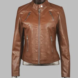 2025 New Autumn Slim Fit Women's Standing Collar Slim Fit Jacket European and American Leather Jacket Women's Custom Printing thumbnail-3