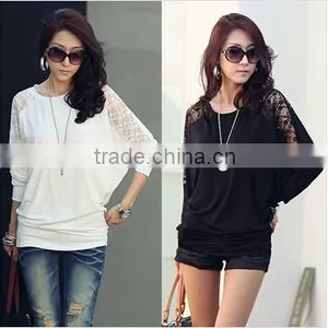 Instyles Women's Batwing Long Sleeve Loose Tops Hollow Out Lace Spliced Loose T-shirt Blouse SV001509# Boutiq Clothing thumbnail-1