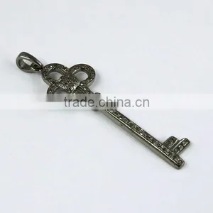 925 Sterling Silver Diamond Key Pendant, Silver Jewellery India, Handmade Silver Jewellery thumbnail-2