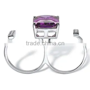 Silvertone Emerald-cut Amethyst Cubic Zirconia and Crystal Double Ring thumbnail-2