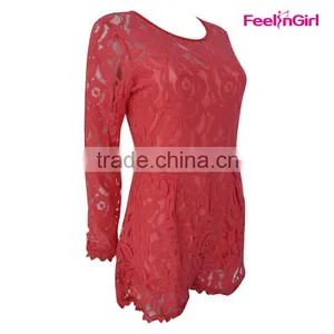 OEM Long Sleeve Short Red Lace Wedding Dress Patterns thumbnail-4