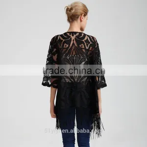 Women Kimono Sleeve Fringe Hemmed Lace Jacket thumbnail-3