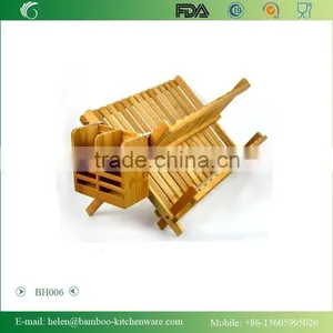 BH006/Natural Bamboo Foldable Dish Rack With Flatware Holder Durable Dish Drying Rack Kitchenware Bamboo Kitchen Cabinet Dish ra thumbnail-3