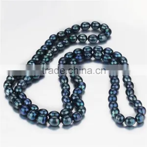 Fashion Freshwater Pearl Necklace 11-12mm Peacock Blue Long Rice Pearl Necklace thumbnail-2