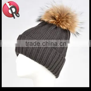Winter Women Raccoon Fur Pom Pom Bobble Knit Braided Hat thumbnail-5