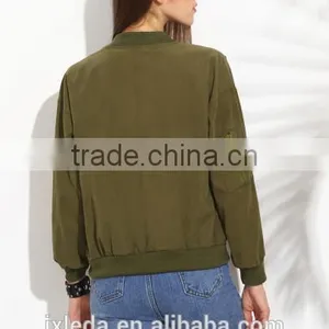 Olive Green Drop Shoulder Ladies Bomber Jacket With Zip Pocket thumbnail-3