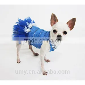 Blue Dog Tutu Dress Crochet Bling-bling Handmade Crocheted Wedding Designer Chihuahua Clothes Cat Costume thumbnail-3