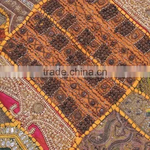 Yellow Decorative Large Euro Pillow Sham - Beaded Indian Patchwork Accent Cushion Cover ~ 26 Inch thumbnail-2