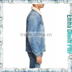 2016 Wholesale Men's Raw Blue Slim Long Sleeve Thick Fleece Lined Winter Denim Jackets thumbnail-2