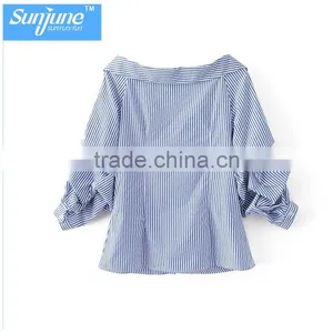 Wholesale Womens 100% Cotton Long Sleeve Strip Oxford Blouse thumbnail-2
