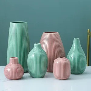 Green And Pink Stripe Easy Simple Ceramic Vase Art Decor For Drawing Room thumbnail-2