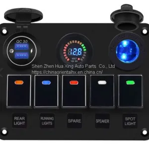 Multifunction 5 Gang Marine Rocker Switch Panel With QC3.0 Fast Car Charger Digital Voltmeter and Cigarette Lighter Socket For Bus Boat Car thumbnail-1