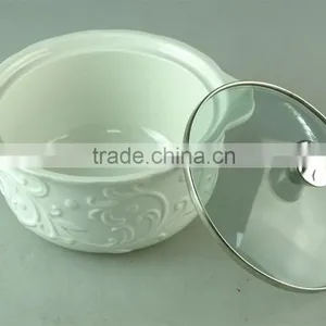 White Embossing Ceramic Soup Tureen With Glass Cover/lid in Stocklot thumbnail-1