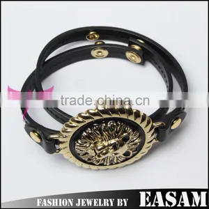 Gold/Black Lion Head Leather Button Bracelet thumbnail-3